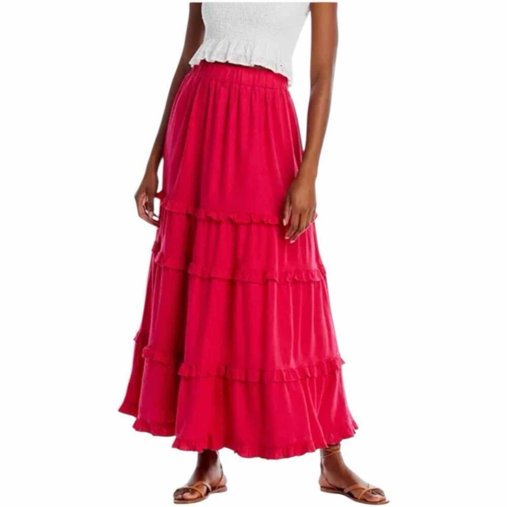 Cupio Ruffle Tiered Maxi Modest Linen Blend  Skirt Size Medium Elastic Waist